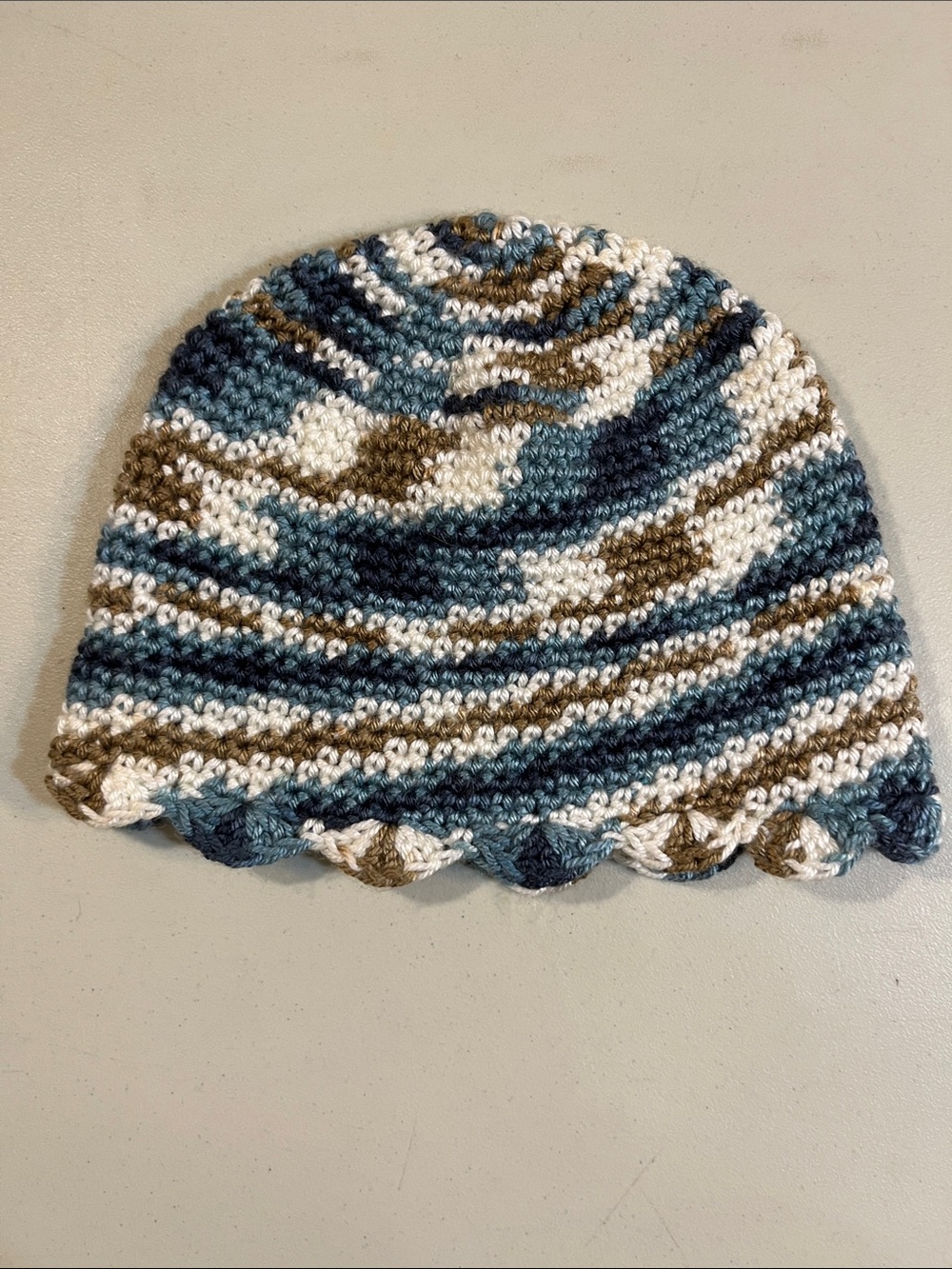 Handmade Crocheted Beanie - Blue, White & Brown